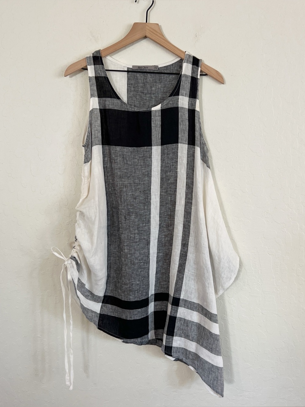 Beau Jours 100% Linen Sleeveless Asymmetrical Dress Small Plaid Boho Lagenlook